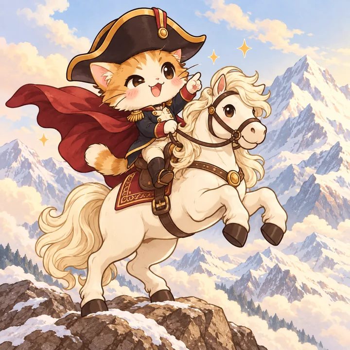 HotCat artwork: a kitten general in a bicorne hat rides a rearing white horse on a mountaintop