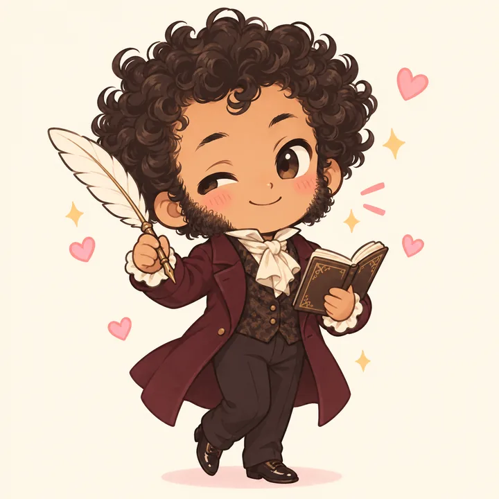 Pushkin artwork: a cheerful cartoon poet with a quill and a book